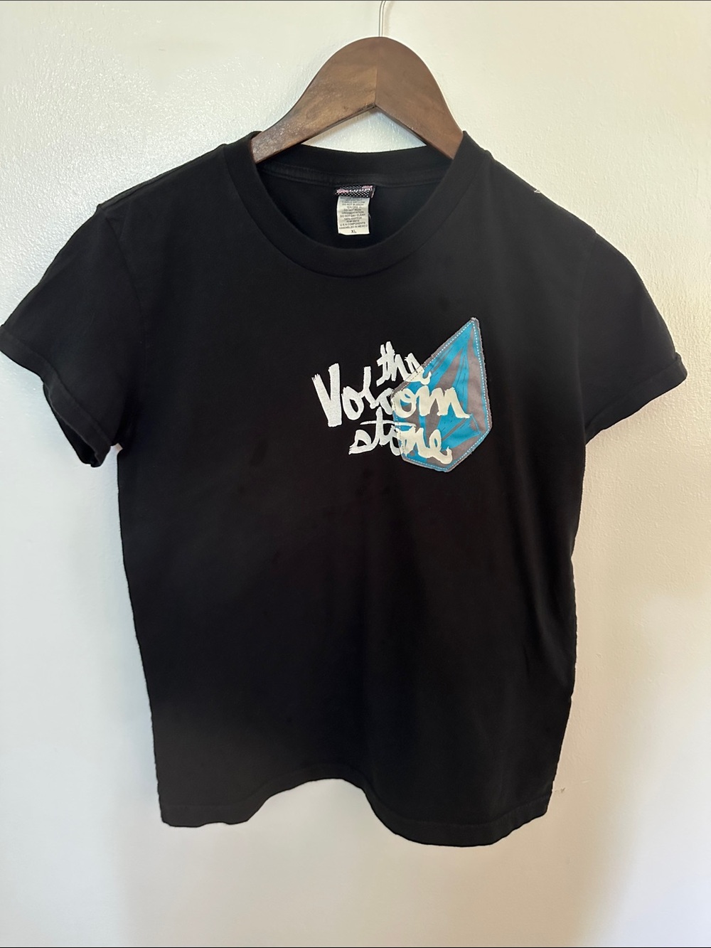 Volcom Black Tee with Pink & White Logo Tag